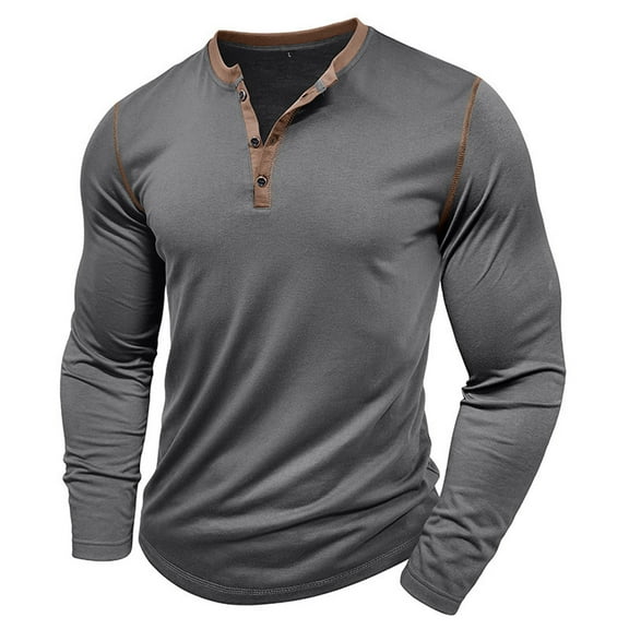 Goodtrade8 Solid Color Fall Tops for Men Plus Size Button 100% Cotton Long Sleeve Dark Gray Crew Neck Casual Shirt Winter for Men