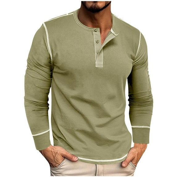Goodtrade8 Solid Color Long Sleeve Shirts for Men Button 100% Cotton Green Crew Neck Long Sleeve Casual Oversized Shirts for Men