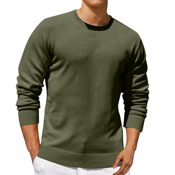 Goodtrade8 Solid Color Mens Plus Size Tops Long Sleeve Knitting Cotton Green Casual Crew Neck Shirts for Men