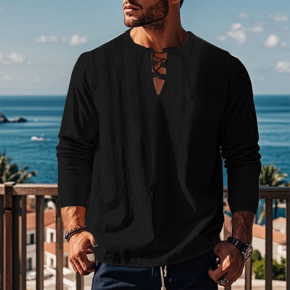 Goodtrade8 Solid Color Mens Tops Casual Long Sleeve Crew Neck Black Fall Shirts