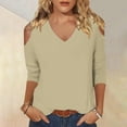 thumbnail image 1 of Goodtrade8 Solid Color Winter Tops for Women 2025 Khaki Cold Shoulder V-Neck 3/4 Sleeve Casual Oversized Shirts for Women, 1 of 6