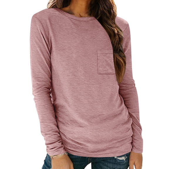 Goodtrade8 Solid Color Women's Tops Pink Casual Long Sleeve Crew Neck Winter Shirts for Women Plus Size