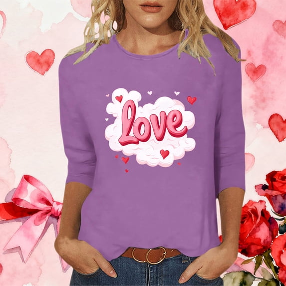 Goodtrade8 Spring Tops for Ladies 3/4 Sleeve Pullover Cute Plus Size Holiday Valentine Summer Crew Neck Graphic Womens T-Shirts Trendy