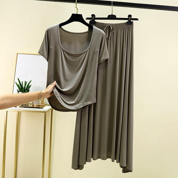 Goodtrade8 Square Neckline Lounge Sets for Women 2 Piece Casual Loungewear Short Sleeve Solid Color Breathable Holiday Pajamas for Women
