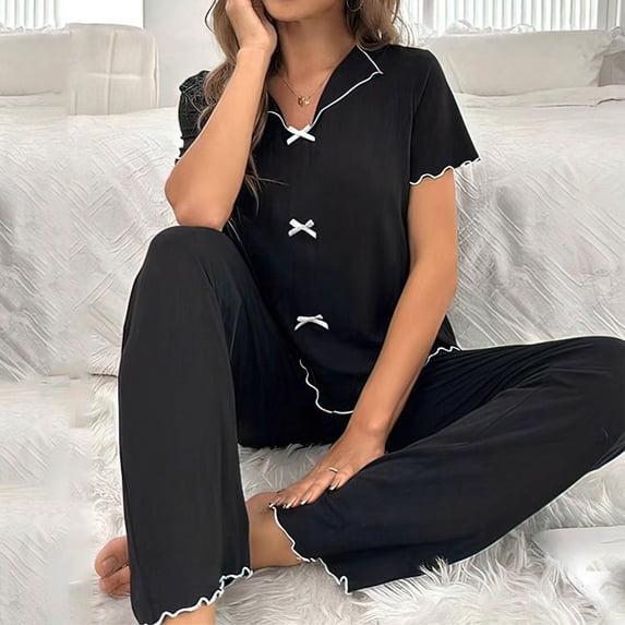 Goodtrade8 Straight Leg Pants Womenswear Pajamas 2 Piece Sleepwear Solid Color Collared Casual Short Sleeve Womens Pajama Sets