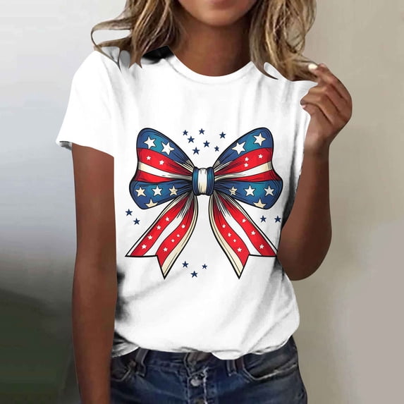Goodtrade8 Summer Shirts for Women 4th of July Casual Pullover Short Sleeve Red White and Blue , Independence Day Crew Neck American Flag Graphic Womens Tops Fashion