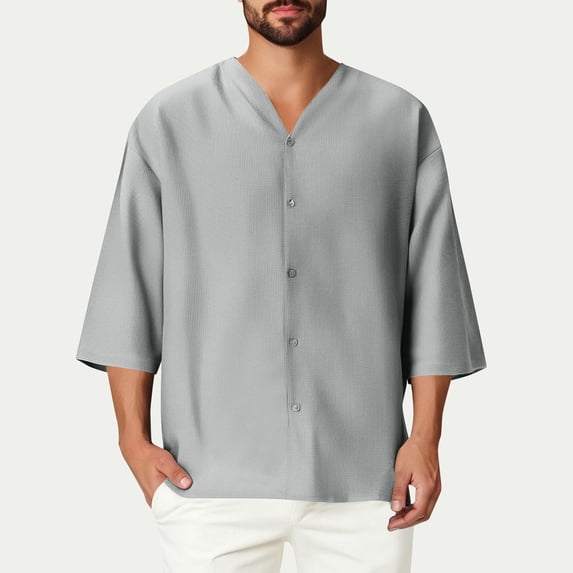 Goodtrade8 Summer Shirts for Men 3/4 Sleeve Button Plain Casual Button up Button up Mens T-Shirts Outfits