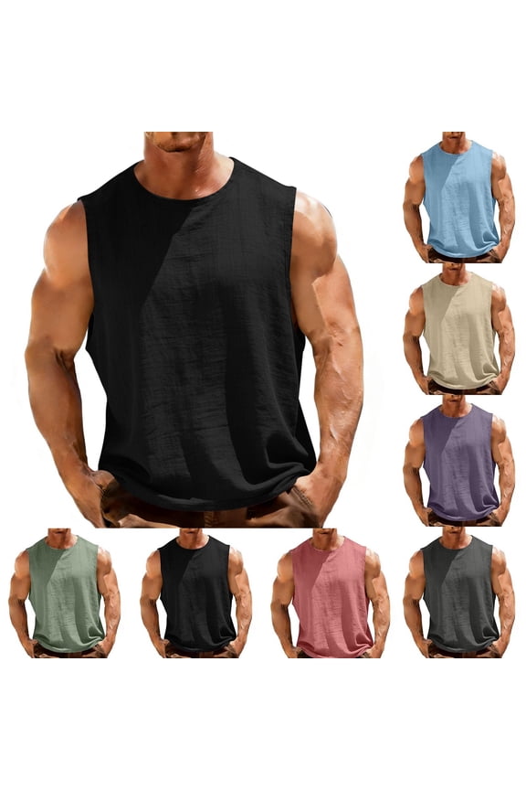Breathable T-Shirts for Men Summer Cotton Linen Tank Tops Solid Color Casual Crew Neck Pocket Sleeveless T-Shirts for Men
