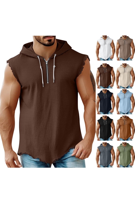 Summer T-Shirts for Men Cotton Linen Athletic Tank Tops Solid Color Outdoor Hooded Sleeveless Casual T-Shirts for Men