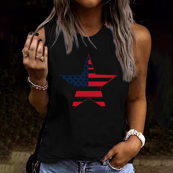 Goodtrade8 Summer Tank Tops for Women July 4th Pullover Red White and Blue Casual American Flag Sleeveless Shirts Workout Outdoor Womens Tops Crew Neck