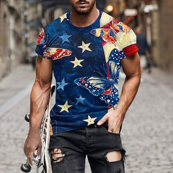 Goodtrade8 Summer Tshirts for Men Fourth of July Red White and Blue Pullover Short Sleeve Independence Day Patriotic Star Print Mens Tops Crew Neck