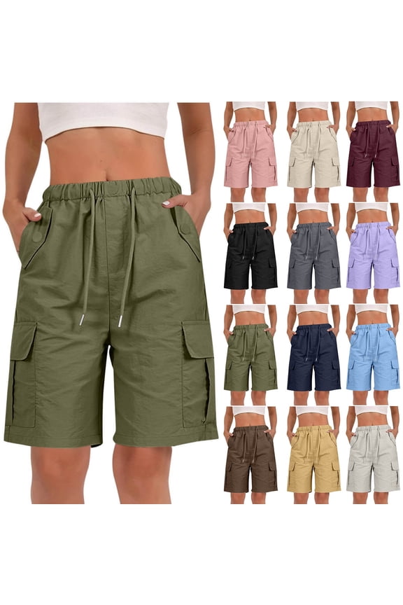 Summer Women Cargo Shorts Knee Length Bermuda Short Solid Color Drawstring Athletic Women Short