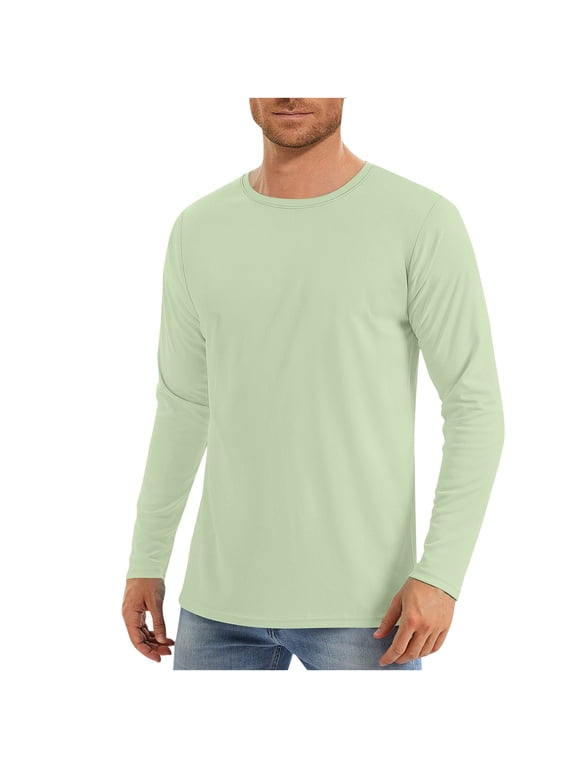 Sun Protection Mens Tops Plus Size Solid Color Casual Thin Green Crew Neck Long Sleeve Mens Shirts Plus Size