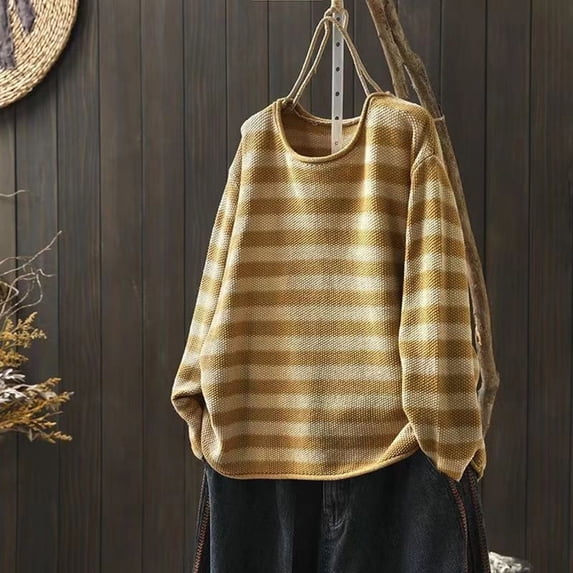 Goodtrade8 Sweater Women Trendy Loose Striped Pullover Lightweight Long Sleeve V-Neck Casual Sweater Women Tops