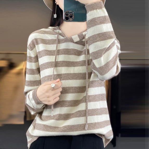 Goodtrade8 Sweater Women Trendy Oversize Lightweight Long Sleeve Striped Hooded Casual Sweaters for Women Tops