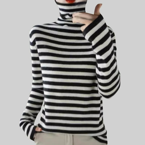 Goodtrade8 Sweater Women Trendy Tunic Fleece Long Sleeve Turtleneck Striped Casual Sweater Women Tops