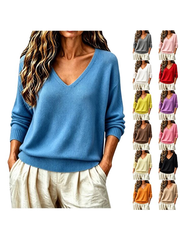 Sweaters for Women Hooded V Neck Long Sleeve Solid Knit Base Layer Pullover Sweater Women Tops