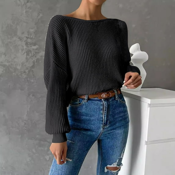 Goodtrade8 Sweaters for Women Knit Long Sleeve Solid Color Crew Neck Casual Sweater Women Tops