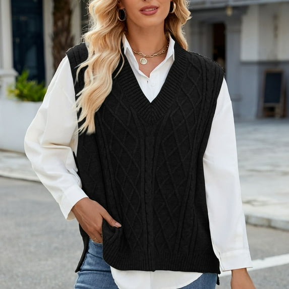 Goodtrade8 Sweaters for Women Thick Knitted Sweater Vests Sleeveless Solid Color Casual V-Neck Sweater Women Tops