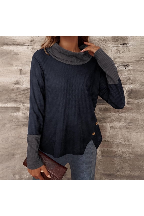 Sweaters for Women Waffle Knit Loose Casual Turtleneck Solid Color Long Sleeve Sweater Tops for Women