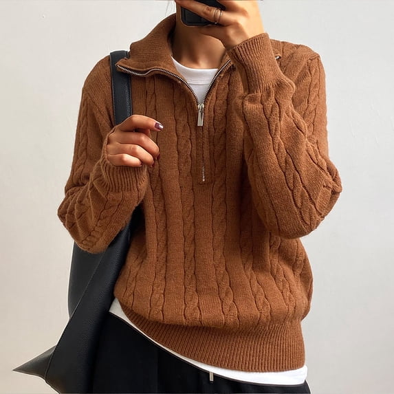 Goodtrade8 Sweaters for Women Zip up Knitted V-Neck Long Sleeve Solid Color Casual Sweater Tops for Women