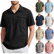 Goodtrade8 T-Shirts for Men Cotton Linen Big and Tall Pullover Short Sleeve Lapel Pocket Casual Solid Color Shirts for Men
