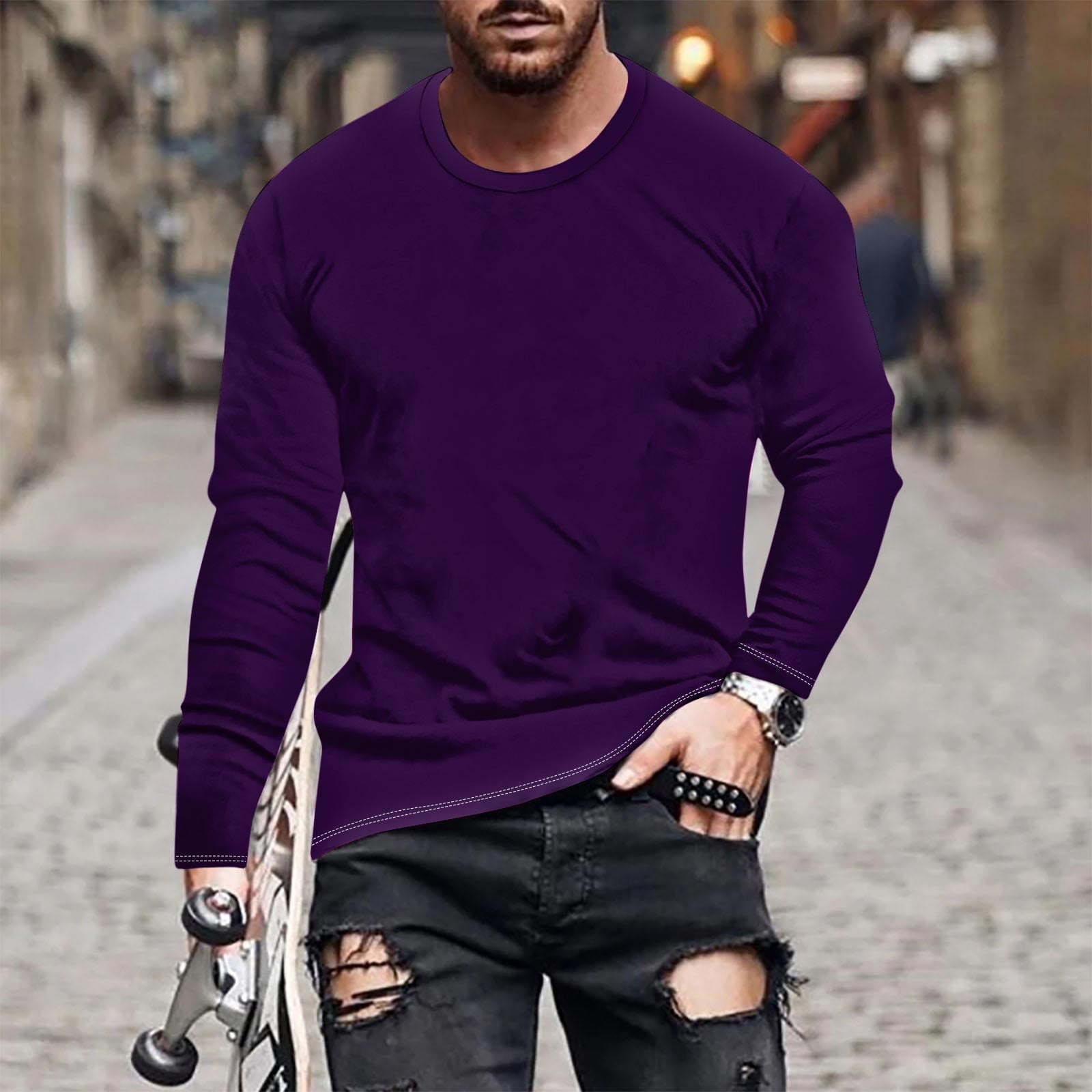 Goodtrade8 Tops for Mens Outing Casual Long Sleeve Solid Color Crew ...