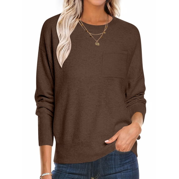 Goodtrade8 Tops for Women Long Sleeve Pullover Lightweight Brown Soft Solid Color Fashion Crew Neck Womens Blouse Basic