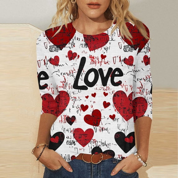 Goodtrade8 Tops for Women Plus Size Spring Pullover Valentine 3/4 Sleeve Graphic Gifts for Girlfriend Womens Shirts Casual