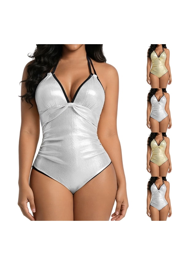 Tummy Control One Piece Swim Suit for Women Bikini Swim Push up Solid Color Drawstring Swimwear Women