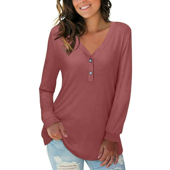 Goodtrade8 Tunic Winter Tops for Women Button Purple Casual Solid Color V-Neck Winter Shirts for Women Plus Size
