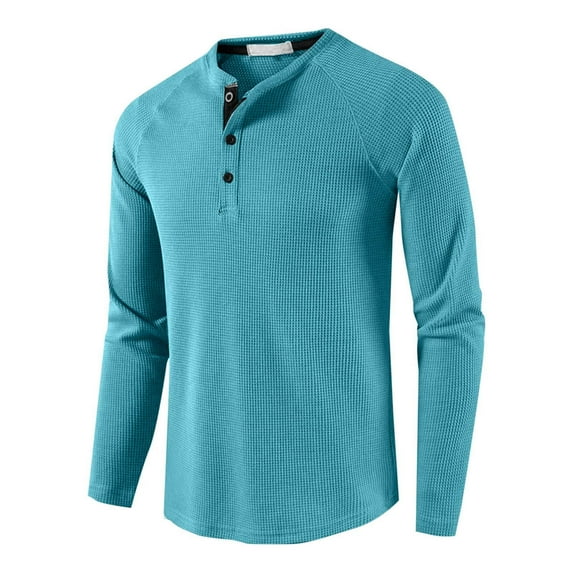 Goodtrade8 Waffle Knit Plus Size Tops Men Button Casual Crew Neck Long Sleeve Solid Color Blue Mens Shirts Plus Size
