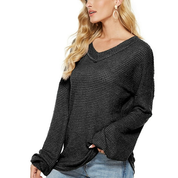 Goodtrade8 Waffle Knit Sweaters for Women Warm Solid Color Long Sleeve Casual V-Neck Sweater Women Tops