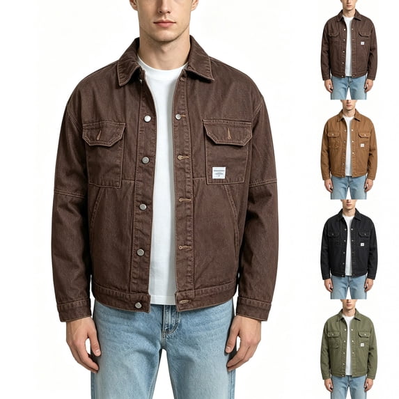 Goodtrade8 Winter Jackets for Men Button Cool Denim Jacket with Pocket Casual Solid Color Long Sleeve Collared Winter Coats for Men