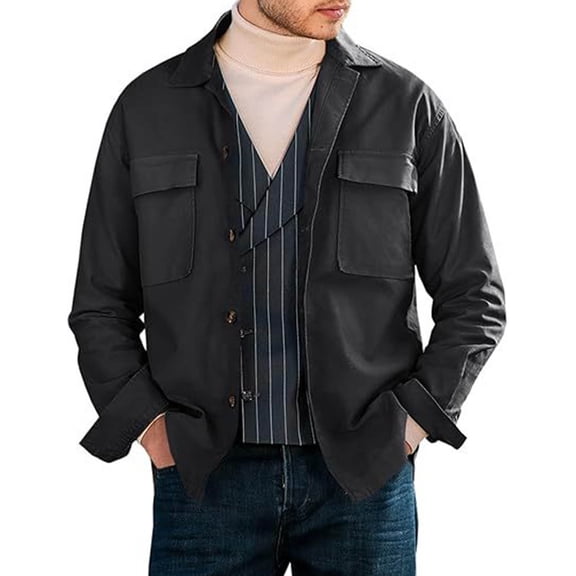 Goodtrade8 Winter Jackets for Men Casual Button Shirt Jacket Outdoor Black Lapel Pocket Plain Winter Coats for Men