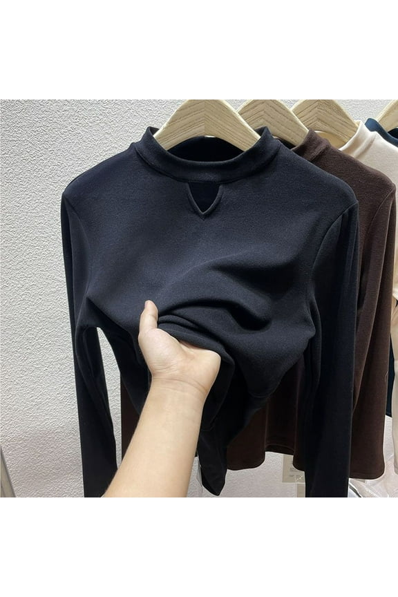 Winter Shirts for Women Fleece Slim Casual Warm Solid Color High Neck Long Sleeve Womens Tops