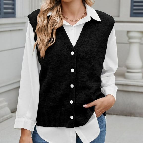 Goodtrade8 Winter Sweaters Knitted Button Sweater Vests Long Sleeve Solid Color V-Neck Casual Sweater Tops