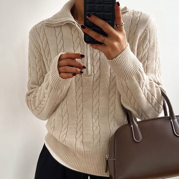 Goodtrade8 Winter Sweaters Knitted Zip up V-Neck Solid Color Casual Long Sleeve Winter Tops for Women