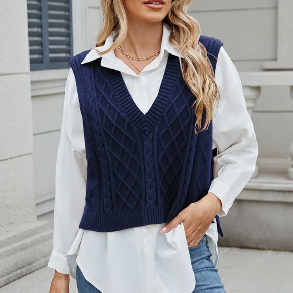 Goodtrade8 Winter Sweaters Lightweight Knitted Sweater Vests Solid Color Casual Sleeveless V-Neck Sweater Tops