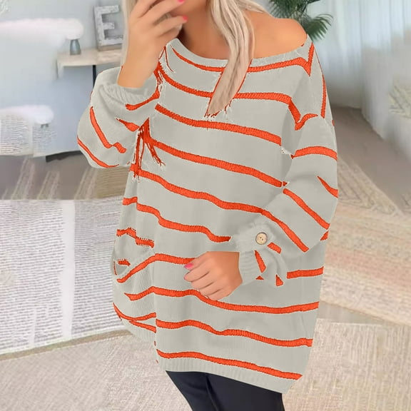 Goodtrade8 Winter Sweaters Oversized One Shoulder Pullover Striped Casual Long Sleeve Crew Neck Winter Tops for Women
