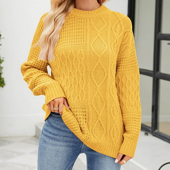 Goodtrade8 Winter Sweaters Textured Knitted Solid Color Crew Neck Casual Long Sleeve Winter Tops for Women