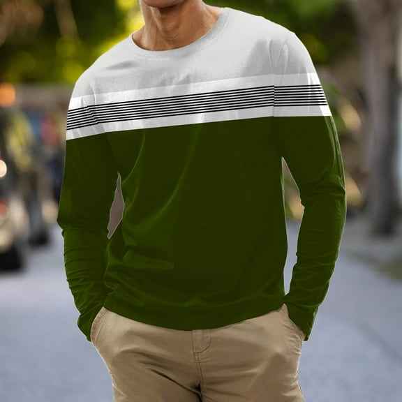 Goodtrade8 Winter Tops for Men 2025 Color Block Casual Long Sleeve Green Crew Neck Mens Long Sleeve Shirts