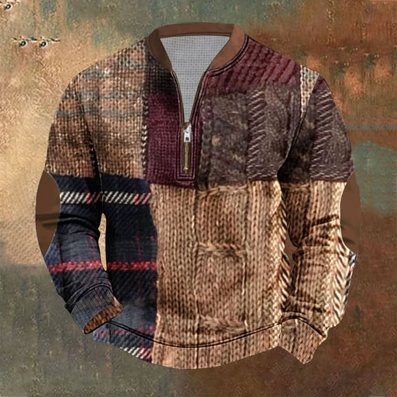 Goodtrade8 Winter Tops for Men 2025 Long Sleeve Color Block Half Zipper Casual Crew Neck Multicolor Oversized Shirts for Men