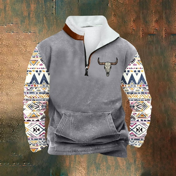 Goodtrade8 Winter Tops for Men Graphic Half Zipper Zip Mock Neck Long Sleeve Pocket Casual Oversized Sweatshirt