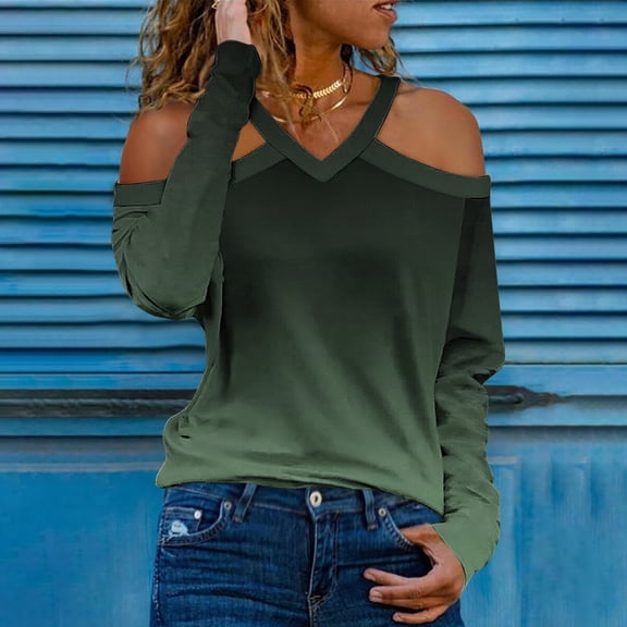 Goodtrade8 Winter Tops for Women Plus Size Green Cold Shoulder Gradient V-Neck Long Sleeve Casual Winter Shirts for Women