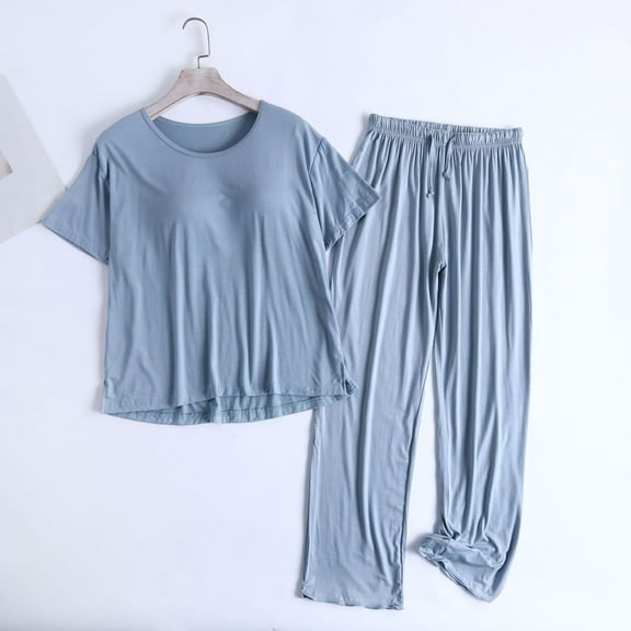 Goodtrade8 Woman Pajama Set 2 Piece Plus Size Short Sleeve Crew Neck Casual Solid Color Loungewear Womens Pj Tops