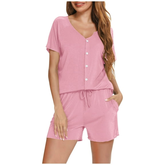 Goodtrade8 Woman Pajama Set Loungewear 2 Piece Solid Color Petite Casual V-Neck Short Sleeve Women Pjs