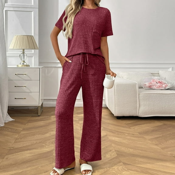 Goodtrade8 Woman Pajama Set with Pocket 2 Piece Crew Neck Casual Solid Color Short Sleeve Loungewear Womens Pajama Sets