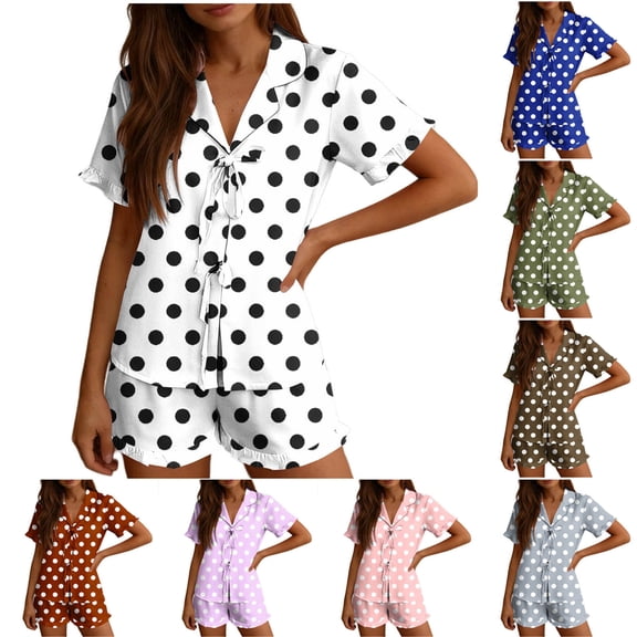Goodtrade8 Pajama Sets for Women Petite Casual Short Sleeve Sleepwear V-Neck Printed Holiday Woman Pajamas