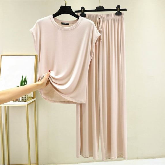 Goodtrade8 Woman Plus Pajamas 2 Piece Soft Casual Solid Color Crew Neck Short Sleeve Sleepwear Womens Pjs